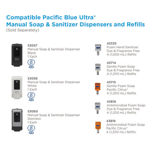 Pacific Blue Ultra Soap Manual Refill, Antimicrobial, Unscented, 1200 Ml, 4-carton