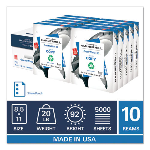 Great White 30 Recycled Print Paper, 92 Bright, 3hole, 20lb, 8.5 X 11, White, 500 Sheets-ream, 10 Reams-carton