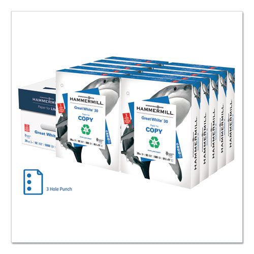 Great White 30 Recycled Print Paper, 92 Bright, 3hole, 20lb, 8.5 X 11, White, 500 Sheets-ream, 10 Reams-carton