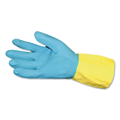 Flocked Lined Neoprene Over Latex Gloves, Powder-free, Blue-yellow, Large, Dozen