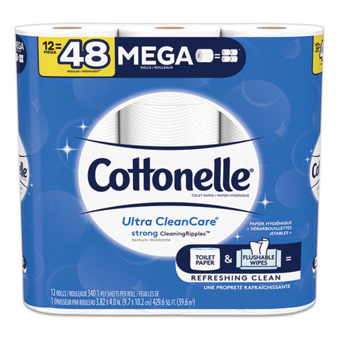 Ultra Cleancare Toilet Paper, Strong Tissue, Mega Rolls, Septic Safe, 1 Ply, White, 340 Sheets-roll, 12 Rolls