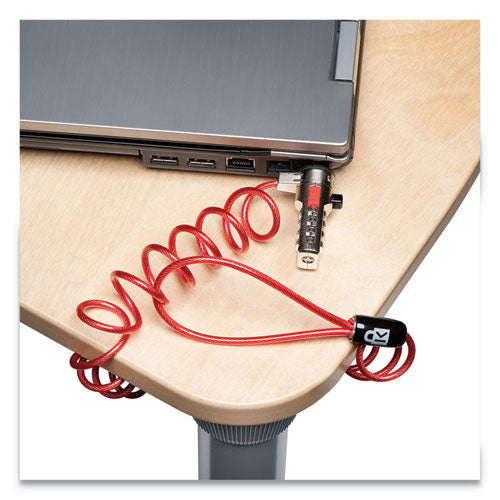 Portable Combination Laptop Lock, 6ft Steel Cable, Red