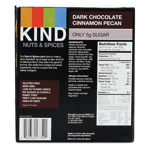 Nuts And Spices Bar, Dark Chocolate Cinnamon Pecan, 1.4 Oz, 12-box