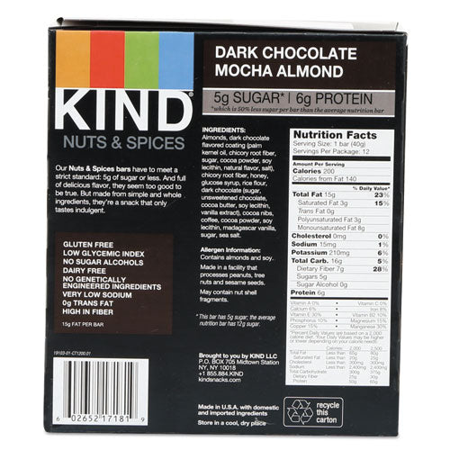 Nuts And Spices Bar, Dark Chocolate Mocha Almond, 1.4 Oz Bar, 12-box
