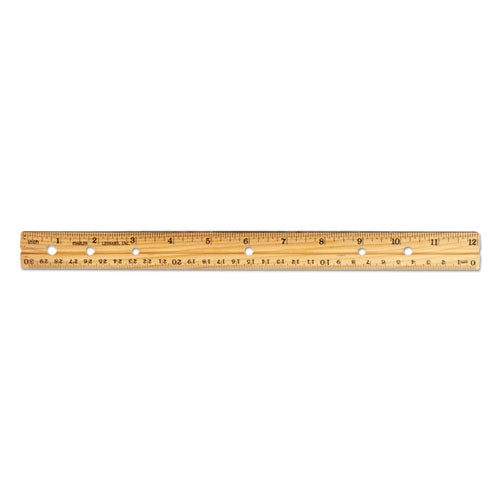 Beveled Wood Ruler W-single Metal Edge, 3-hole Punched, 12", Natural, 36-box