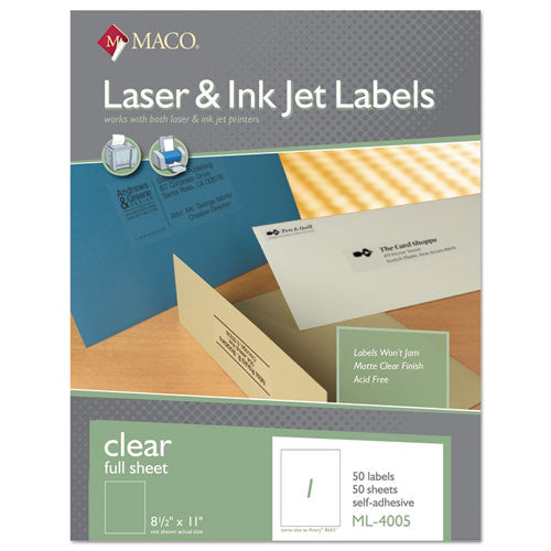 Laser-inkjet Matte Clear Full Sheet Labels, Inkjet-laser Printers, 8.5 X 11, Clear, 50-box