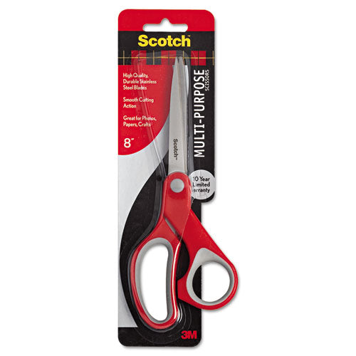Multi-purpose Scissors, 8" Long, 3.38" Cut Length, Gray-red Straight Handle