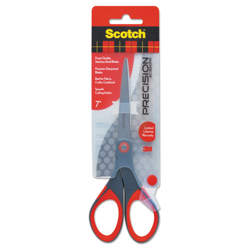 Precision Scissors, Pointed Tip, 7" Long, 2.5" Cut Length, Gray-red Straight Handle