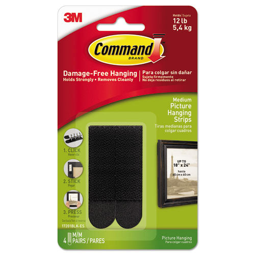 Picture Hanging Strips, Removable, 0.75" X 2.75", Black, 4 Pairs-pack