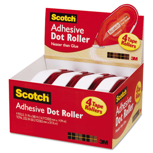 Double-sided Adhesive Roller, 0.3" X 49 Ft, Dries Clear, 4-pack
