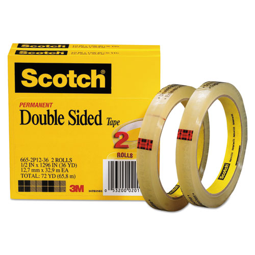 Double-sided Tape, 3" Core, 0.5" X 36 Yds, Clear, 2-pack