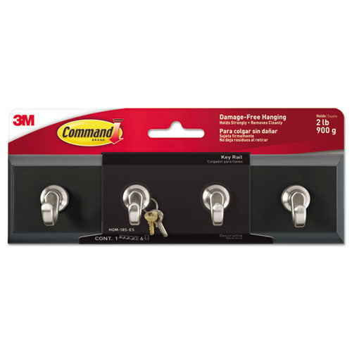 Decorative Key Rail, 8w X 1 1-2d X 2 1-8h, Black-silver, 4 Hooks-pack