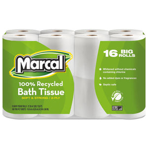 100% Recycled Two-ply Bath Tissue, Septic Safe, 2-ply, White, 168 Sheets-roll, 16 Rolls-pack