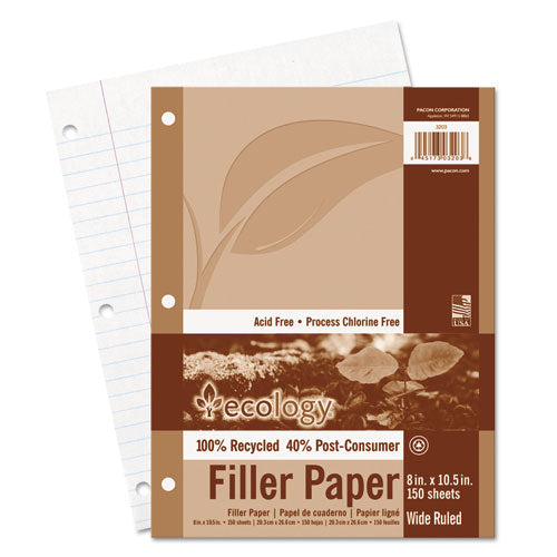Ecology Filler Paper, 3-hole, 8 X 10.5, Wide-legal Rule, 150-pack