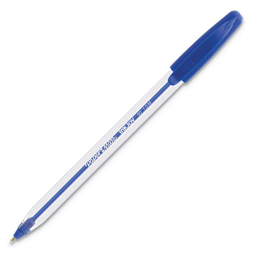 Inkjoy 50st Stick Ballpoint Pen, Medium 1mm, Blue Ink, Clear Barrel, Dozen