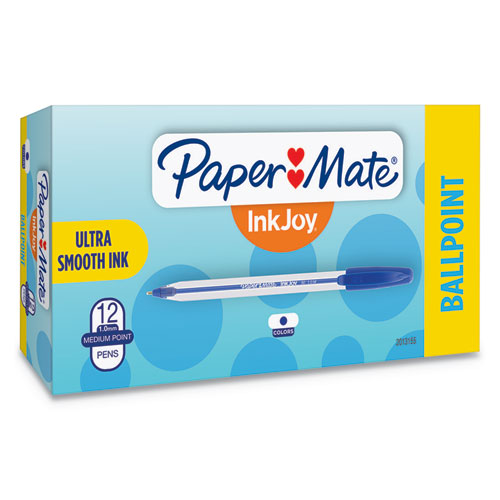 Inkjoy 50st Stick Ballpoint Pen, Medium 1mm, Blue Ink, Clear Barrel, Dozen