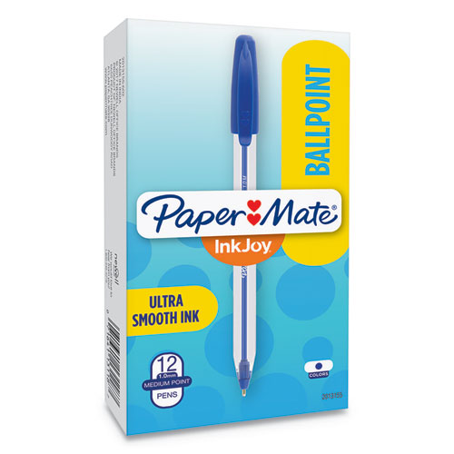 Inkjoy 50st Stick Ballpoint Pen, Medium 1mm, Blue Ink, Clear Barrel, Dozen