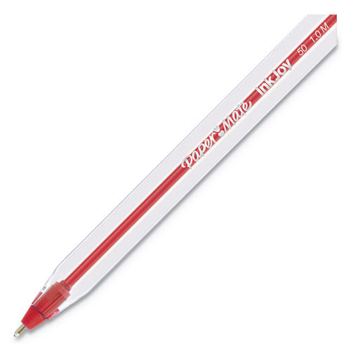 Inkjoy 50st Stick Ballpoint Pen, Medium 1mm, Red Ink, Clear Barrel, Dozen