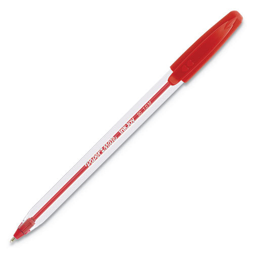 Inkjoy 50st Stick Ballpoint Pen, Medium 1mm, Red Ink, Clear Barrel, Dozen