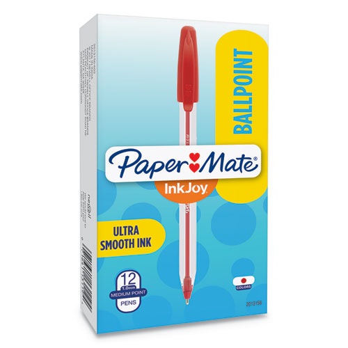 Inkjoy 50st Stick Ballpoint Pen, Medium 1mm, Red Ink, Clear Barrel, Dozen