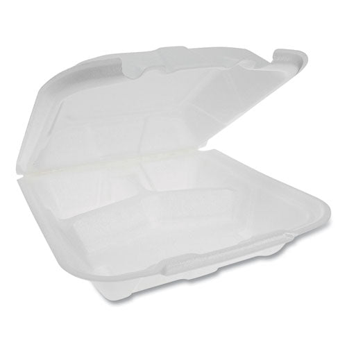 Foam Hinged Lid Containers, Dual Tab Lock Economy, 9.13 X 9 X 3.25, 3-compartment, White, 150-carton