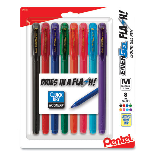 Energel Flash Stick Gel Pen, Medium 0.7mm, Assorted Ink-barrel, 8-pack