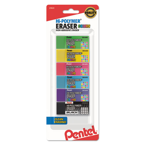 Hi-polymer Eraser, Rectangular, Medium, Assorted, Latex-free Hi-polymer, 6-pack