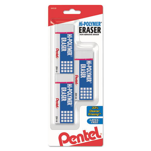 Hi-polymer Eraser, Rectangular, Medium, White, Latex-free Hi-polymer, 3-pack