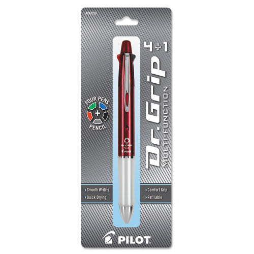 Dr. Grip 4 + 1 Retractable Ballpoint Pen-pencil, Black-blue-green-red Ink, Burgundy Barrel
