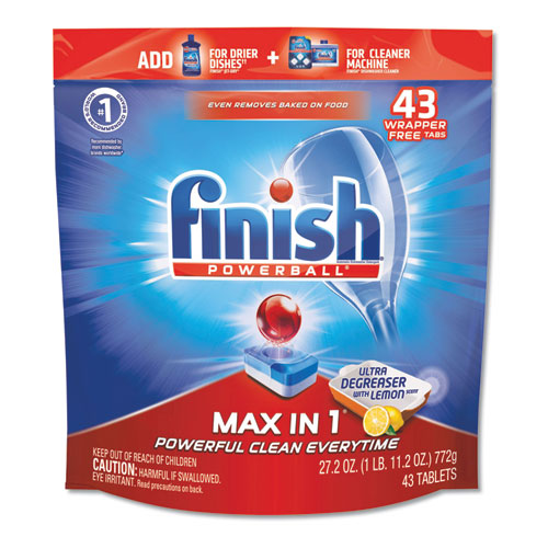 Powerball Max In 1 Super Charged Ultra Degreaser Dishwasher Tabs, Lemon, Wrapper-free, 46-pack