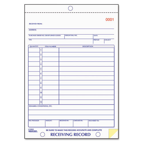 Receiving Record Book, 5 9-16 X 7 15-16, Three-part Carbonless, 50 Sets-book