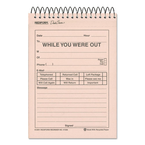 Desk Saver Line Wirebound Message Book, 6 1-4 X 4 1-4, Two-part, 50 Forms
