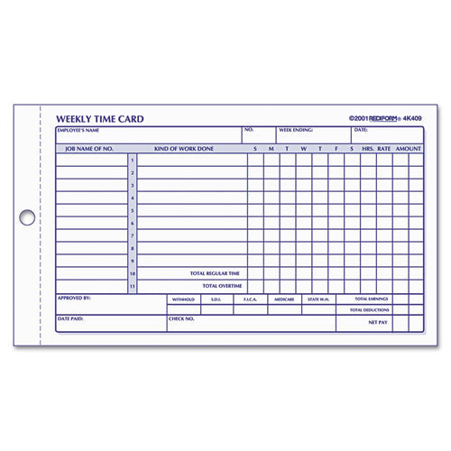 Employee Time Card, Weekly, 4-1-4 X 7, 100-pad