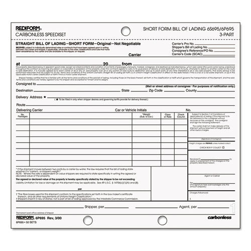 Bill Of Lading, Short Form, 7 X 8 1-2, Three-part, 50 Loose Form Sets-pack
