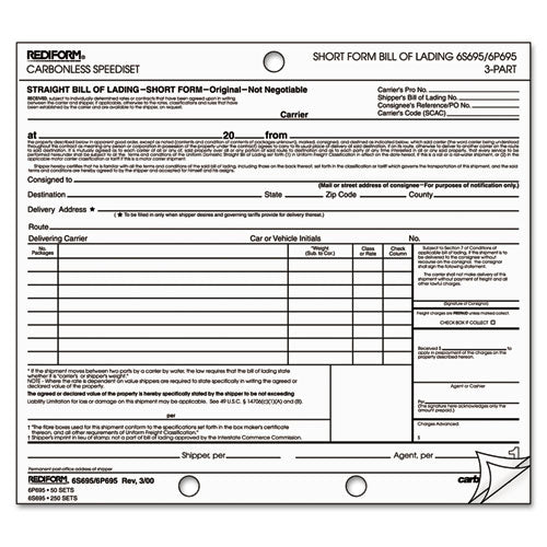 Bill Of Lading, Short Form, 7 X 8 1-2, Three-part, 50 Loose Form Sets-pack