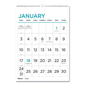 12-month Large Print Wall Calendar, 12 X 17, White-blue, 2021