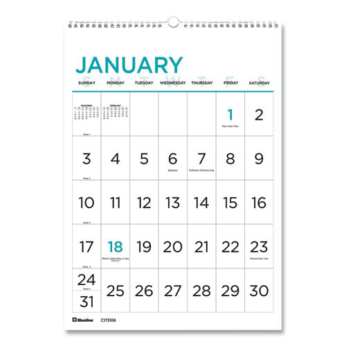 12-month Large Print Wall Calendar, 12 X 17, White-blue, 2021