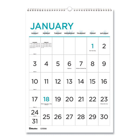 12-month Large Print Wall Calendar, 12 X 17, White-blue, 2021