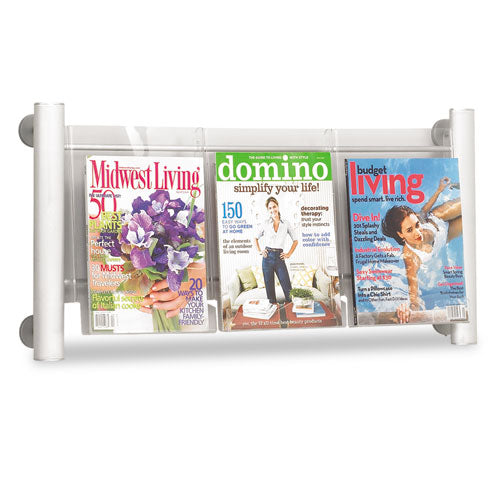 Luxe Magazine Rack, 3 Compartments, 31.75w X 5d X 15.25h, Clear-silver