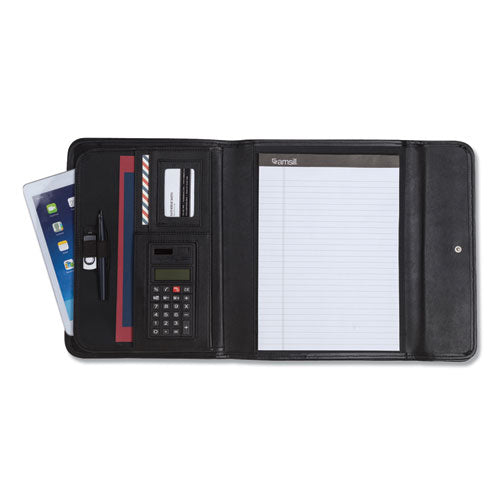Professional Tri-fold Padfolio W-calculator, Writing Pad, Vinyl, Black