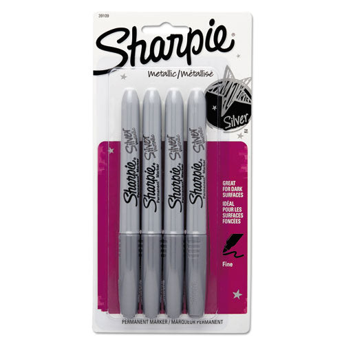 Metallic Fine Point Permanent Markers, Bullet Tip, Silver, 4-pack