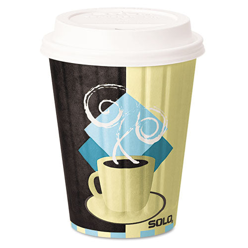Duo Shield Insulated Paper Hot Cups, 12oz, Tuscan, Chocolate-blue-beige, 600-ct