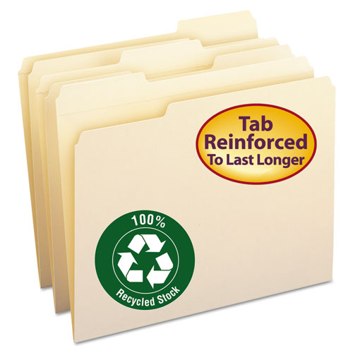 100% Recycled Reinforced Top Tab File Folders, 1-3-cut Tabs, Letter Size, Manila, 100-box