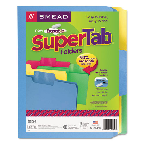 Erasable Supertab File Folders, 1-3-cut Tabs, Letter Size, Assorted, 24-pack