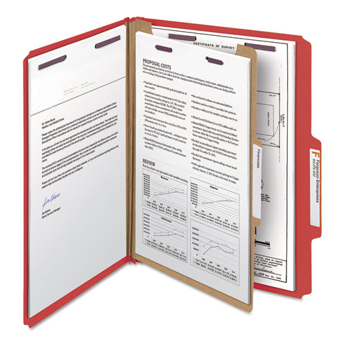 Four-section Pressboard Top Tab Classification Folders With Safeshield Fasteners, 1 Divider, Letter Size, Bright Red, 10-box