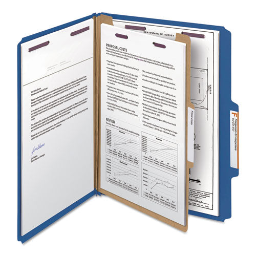 Four-section Pressboard Top Tab Classification Folders With Safeshield Fasteners, 1 Divider, Letter Size, Dark Blue, 10-box