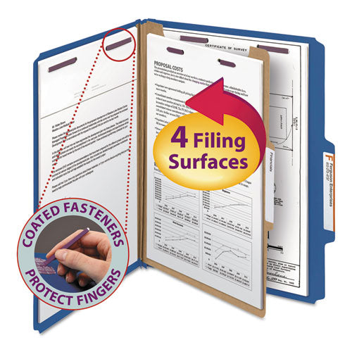 Four-section Pressboard Top Tab Classification Folders With Safeshield Fasteners, 1 Divider, Letter Size, Dark Blue, 10-box