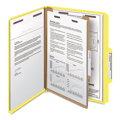 Four-section Pressboard Top Tab Classification Folders With Safeshield Fasteners, 1 Divider, Letter Size, Yellow, 10-box