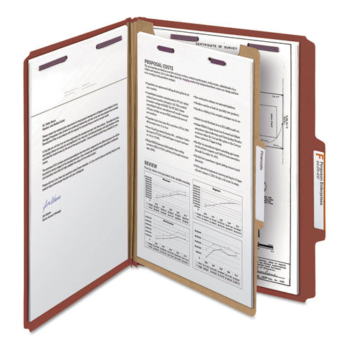 Pressboard Classification Folders With Safeshield Coated Fasteners, 2-5 Cut, 1 Divider, Letter Size, Red, 10-box