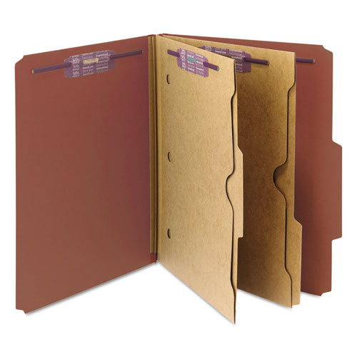 6-section Pressboard Top Tab Pocket-style Classification Folders With Safeshield Fasteners, 2 Dividers, Letter, Red, 10-box